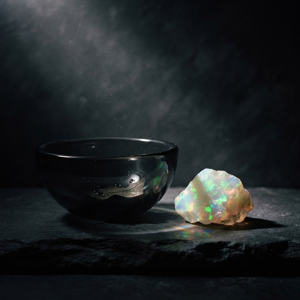 Iridescent opal and glass bowl catching the light