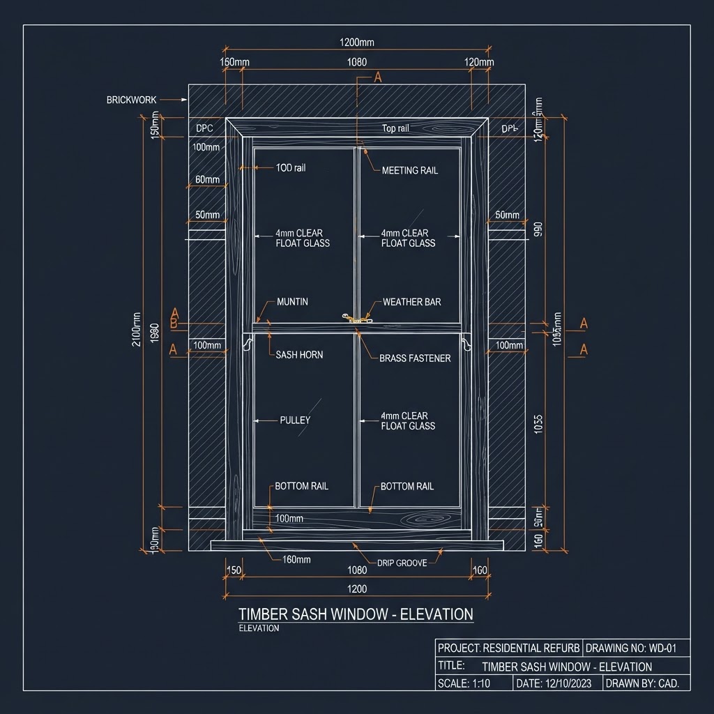 Dimensioned CAD drawing of a sash window
