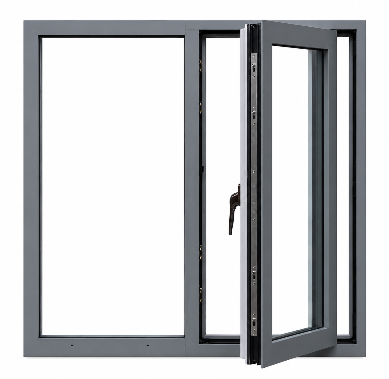 A grey aluminium window with a fixed light and an opening sash swung wide, showing the thermal break and multipoint gearing in the sash edge.
