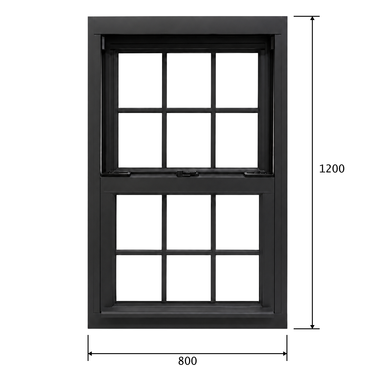 A timber box sash window configured in Fenora, drawn to scale and dimensioned 800mm by 1200mm.