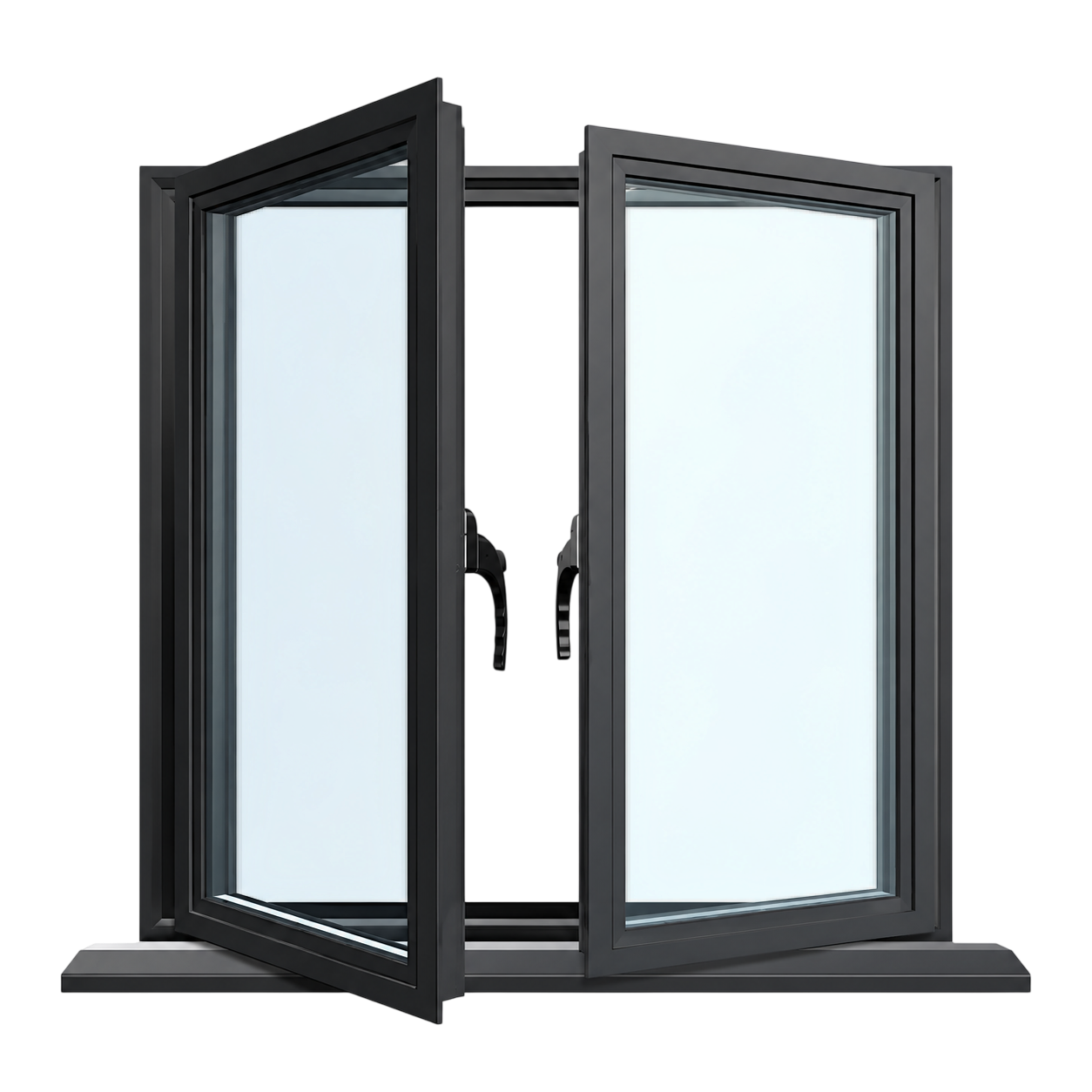 An anthracite aluminium casement window with two fixed toplights over two side-hung opening sashes.