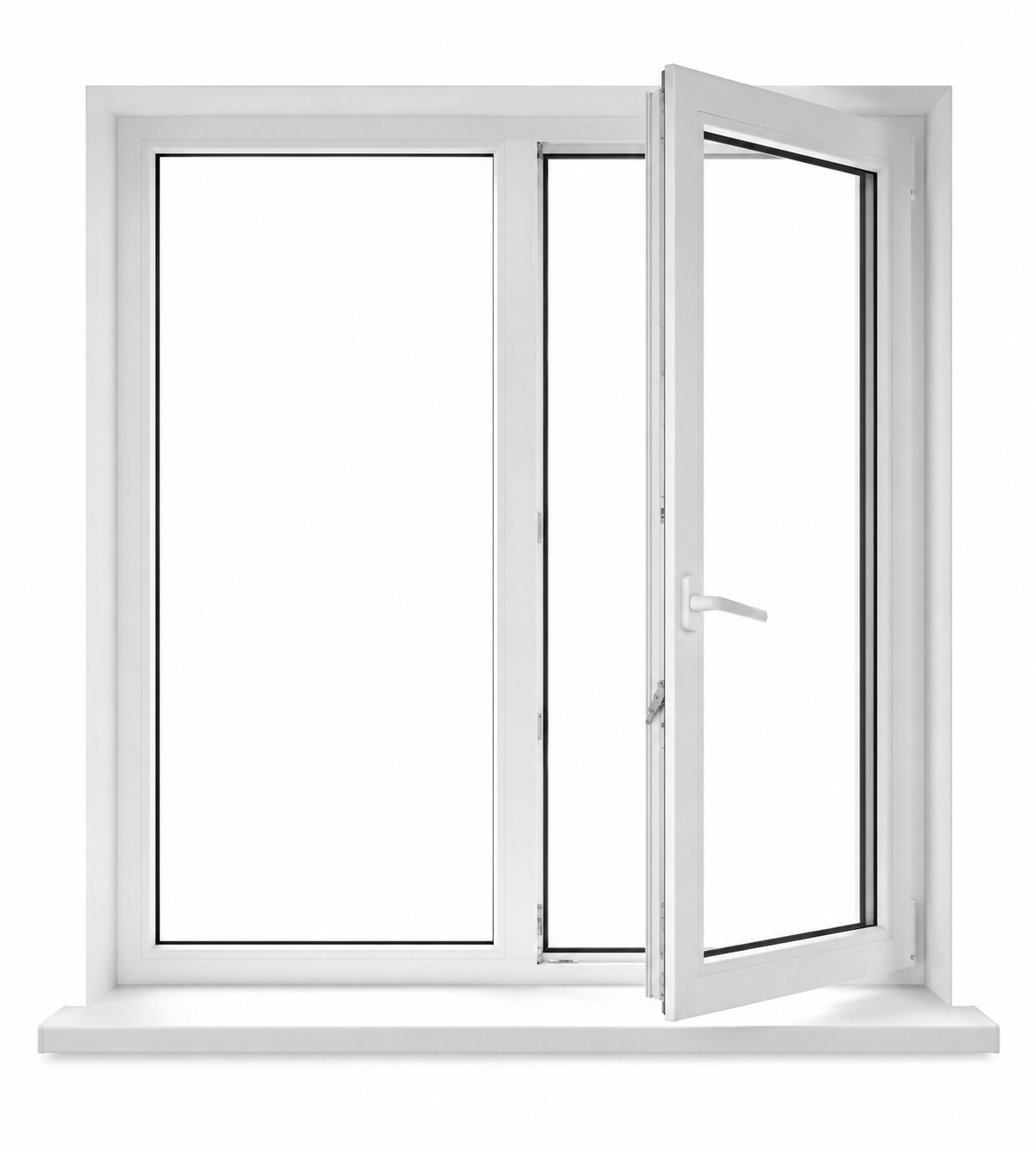 A white uPVC casement window with a fixed light and one side-hung opening sash, on a moulded cill.