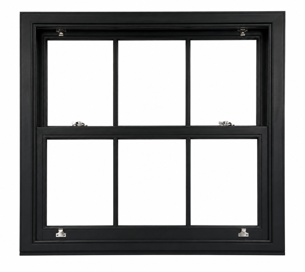 A black timber box sash window with six-over-six glazing bars and polished sash fasteners.
