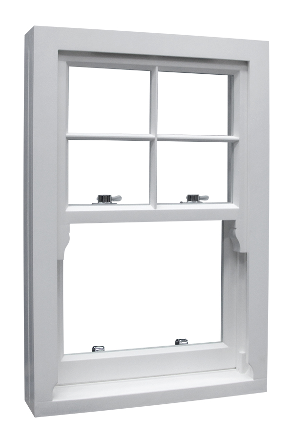 A white sliding sash window photographed at an angle, showing the frame depth and cill.