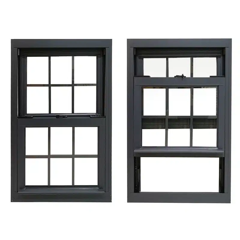 A pair of anthracite sash windows, one closed and one with the lower sash raised.