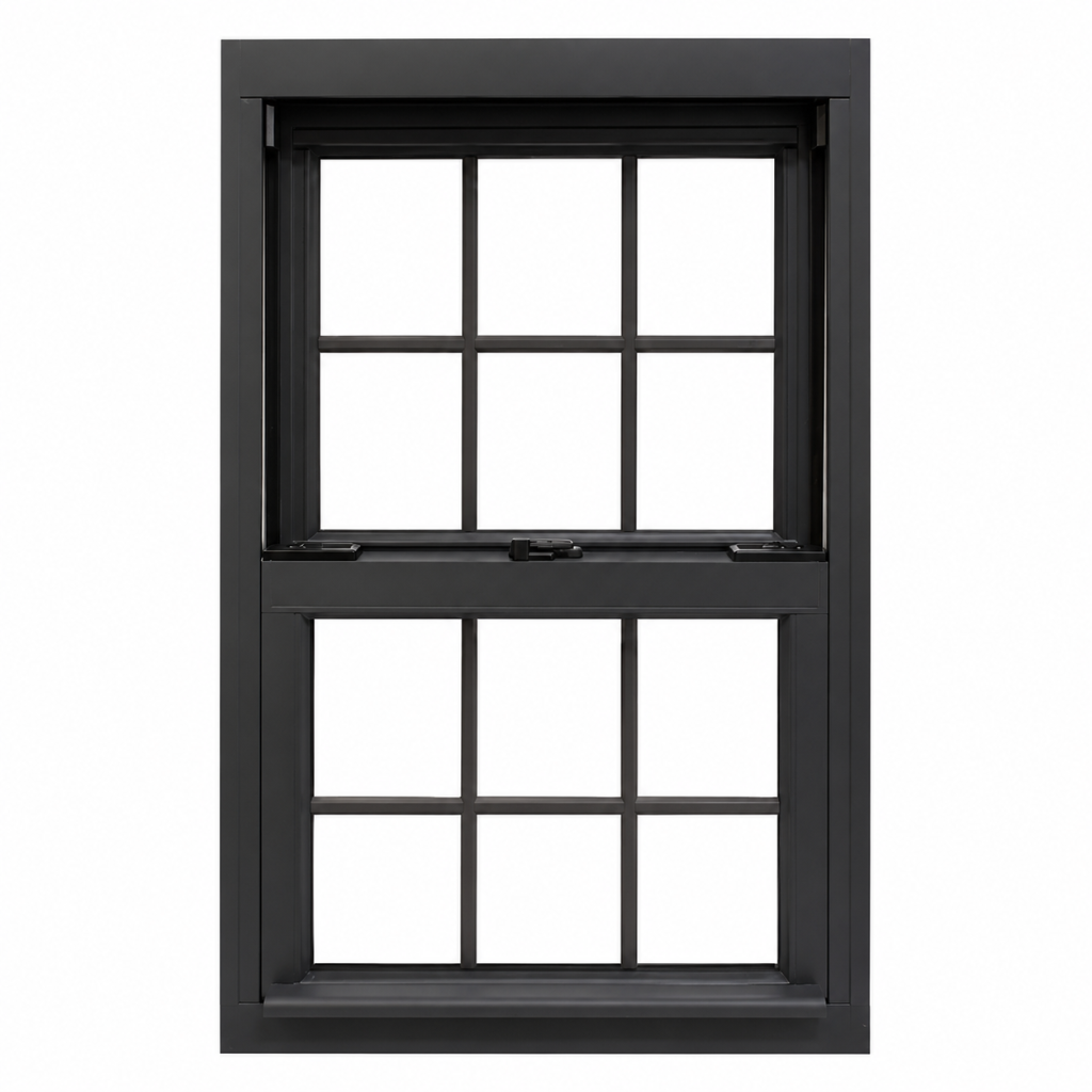 A tall anthracite sash window with six-over-six glazing bars.