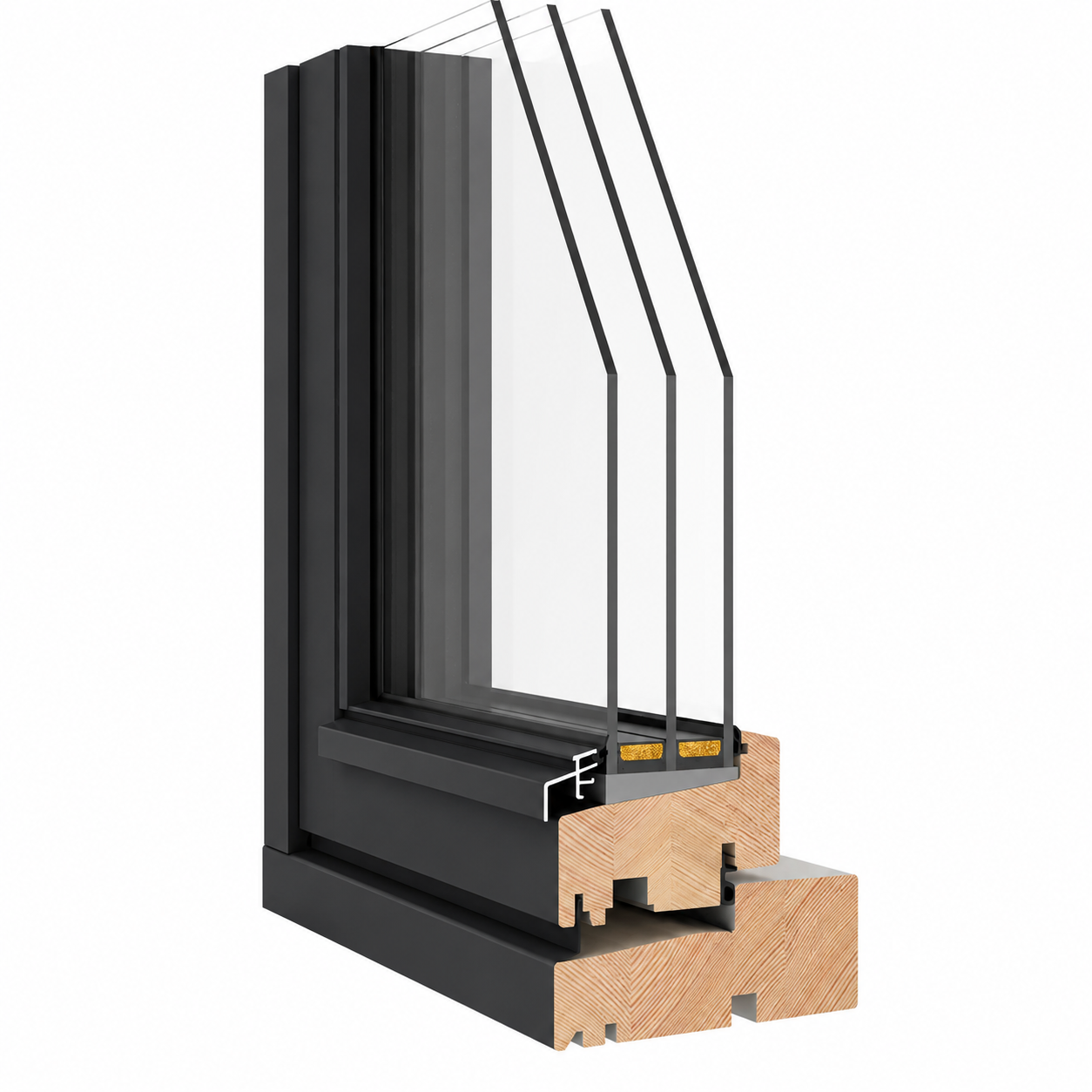 A cutaway section through a timber window showing the engineered timber core, the aluminium cladding and triple glazing.
