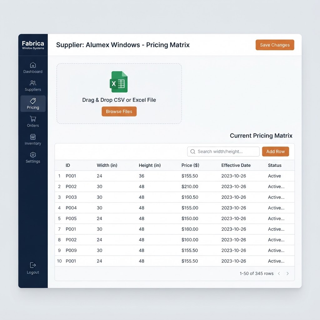 Pricing matrix upload interface