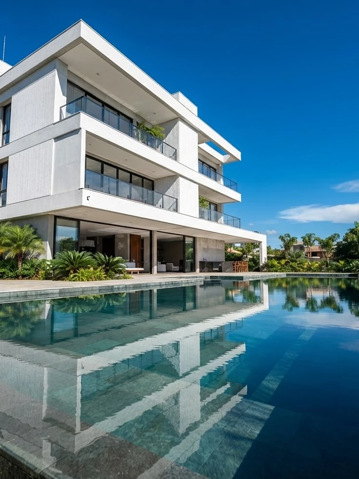 Arquitetura moderna em Florianópolis refletida em piscina ao meio-dia