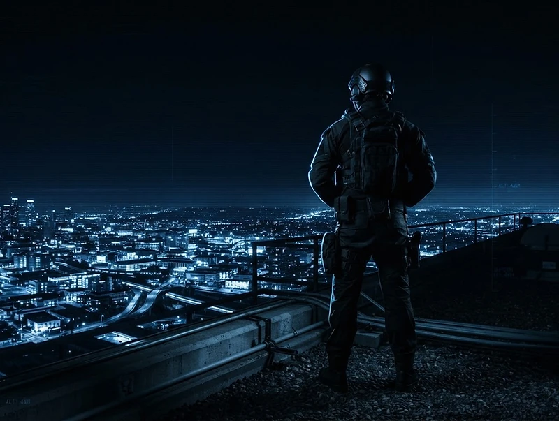 Especialista de seguridad táctica sobre red urbana nocturna
