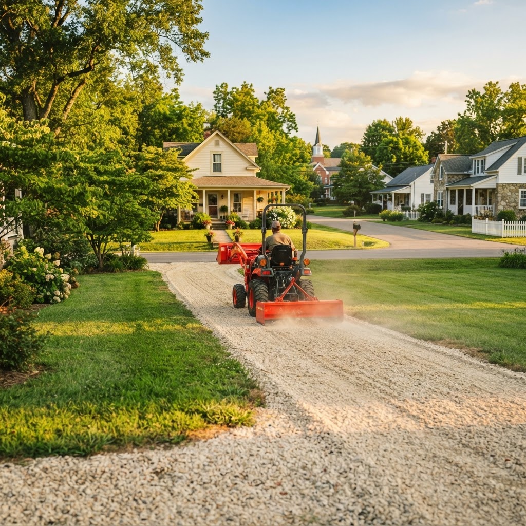 A compact red tractor grading a sunny residential gravel driveway