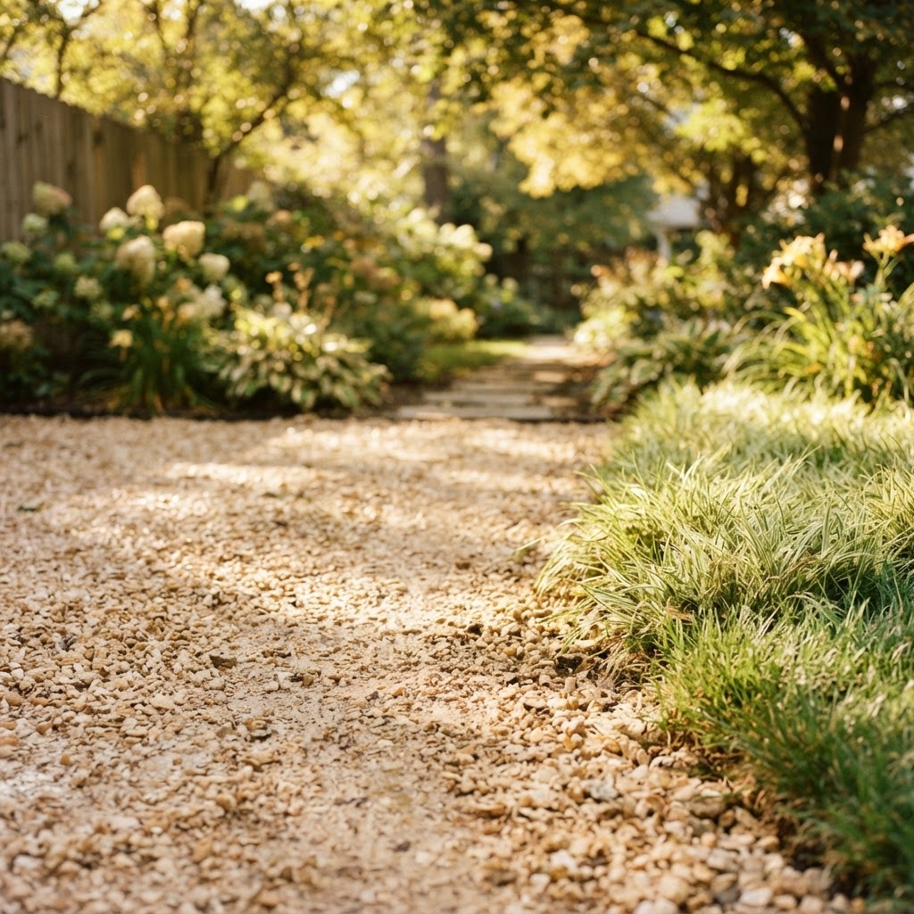 Freshly graded gravel with a soft edge of green grass