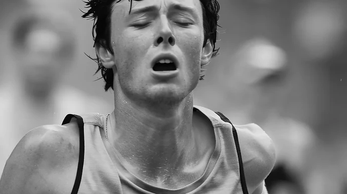 Black-and-white portrait of an athlete running