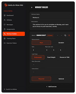 AthleticPeak Pro coach workout builder showing a prescribed workout for an athlete.