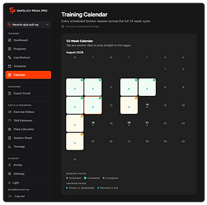 AthleticPeak Pro training calendar showing an athlete's scheduled training.
