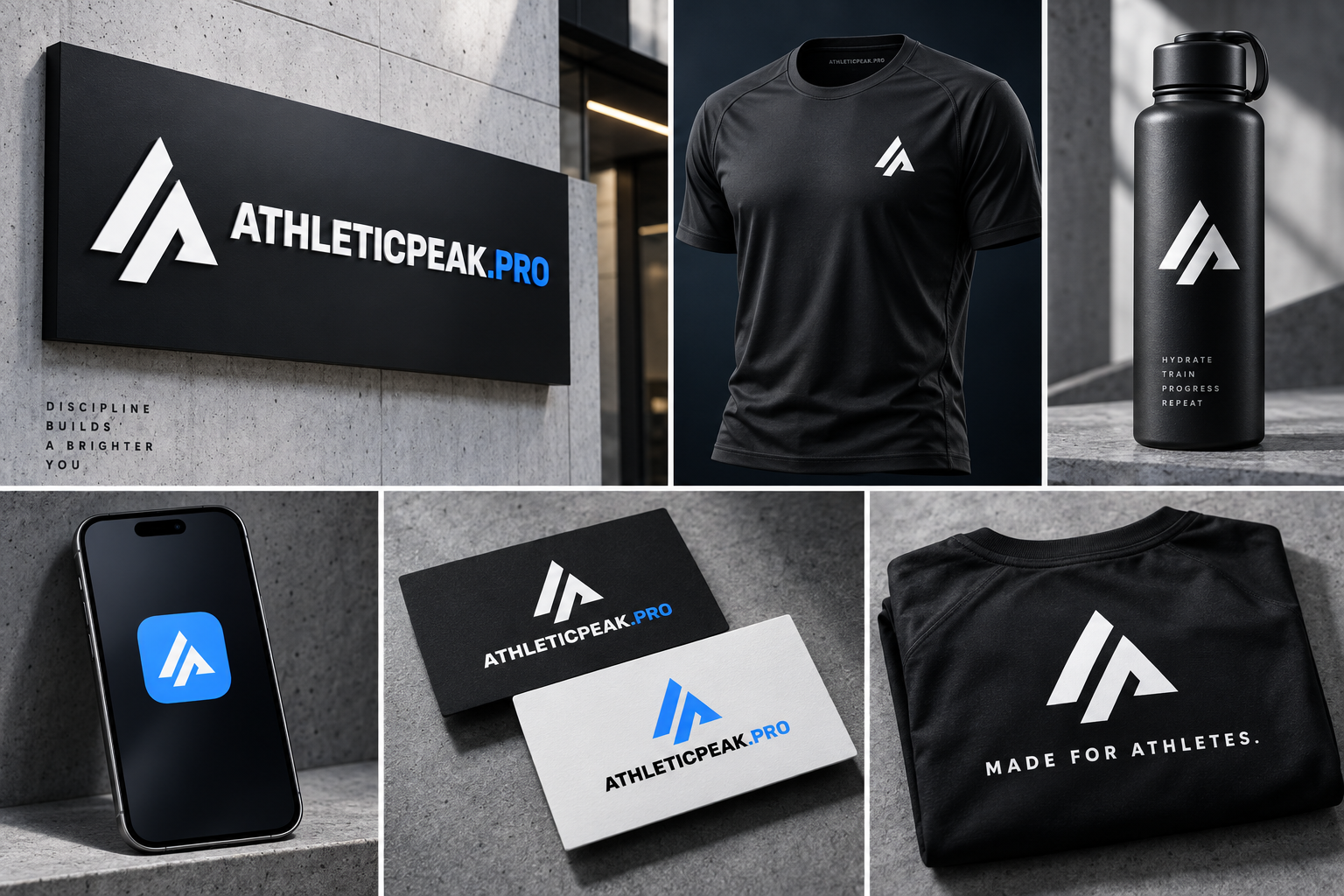 AthleticPeak Pro merchandise concept collage showing the brand applied to signage, apparel, a water bottle, a phone, and business cards