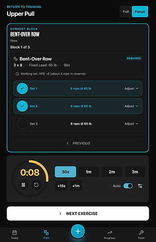 AthleticPeak Pro athlete workout screen showing the current block, set completion, and a rest timer.