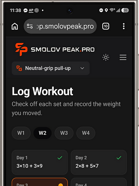 AthleticPeak Pro Log Workout mobile screen showing exercise selection, week tabs, a day grid with completed and active days, and a bodyweight set summary.