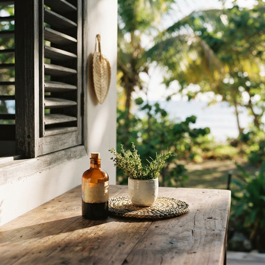 A serene island lifestyle still life, crafted accessories arranged on a wooden surface in warm golden morning light, reflecting the Island Allure brand aesthetic