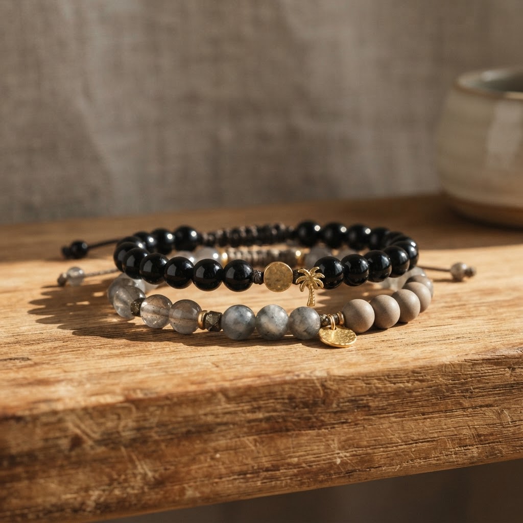 Two beaded bracelets, one with smooth black obsidian beads and one with translucent grey stone beads, resting on a warm wooden surface