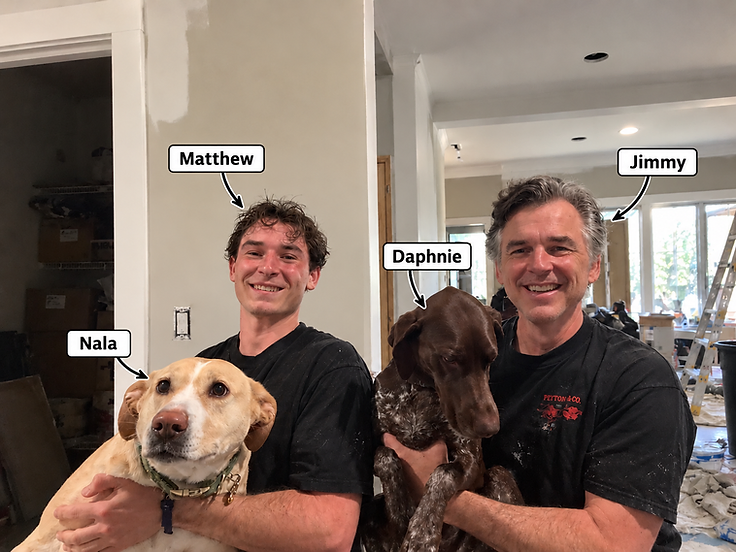 Matthew (owner) and Jimmy with Nala and Daphnie at a RedHorse Painting Co. job site