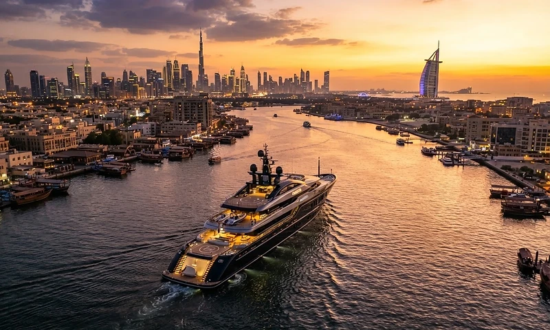 A majestic superyacht cruising through Dubai Creek at sunset with the illuminated skyline behind