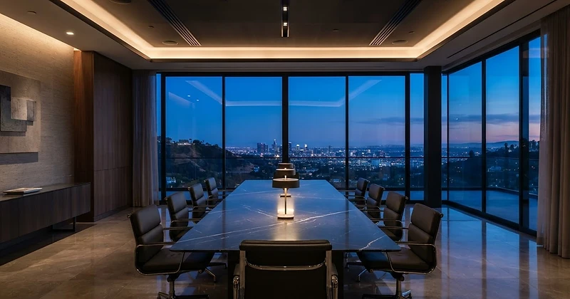 An ultra-modern luxury boardroom in Beverly Hills overlooking the Hollywood Hills at twilight