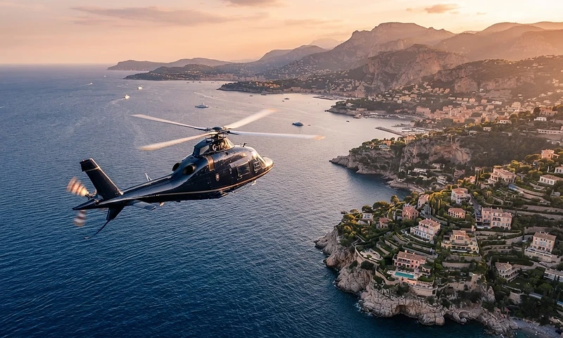 A sleek helicopter flying over the French Riviera coastline at golden hour