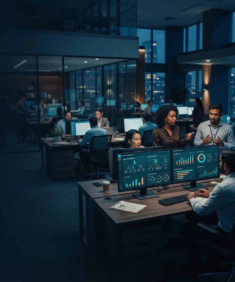 HR team reviewing workforce dashboards in a modern enterprise office