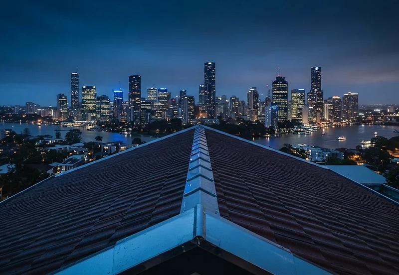 Brisbane skyline at blue hour across a restored roof