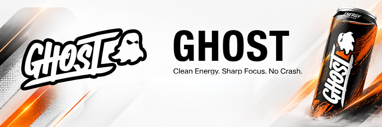 GHOST Energy banner with the message Clean Energy, Sharp Focus, No Crash and a featured energy drink can.