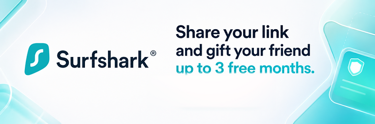 Surfshark banner offering a friend up to three free months through a referral link.