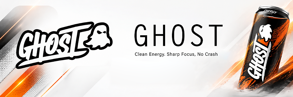 GHOST Energy banner with the message Clean Energy, Sharp Focus, No Crash and a featured energy drink can.