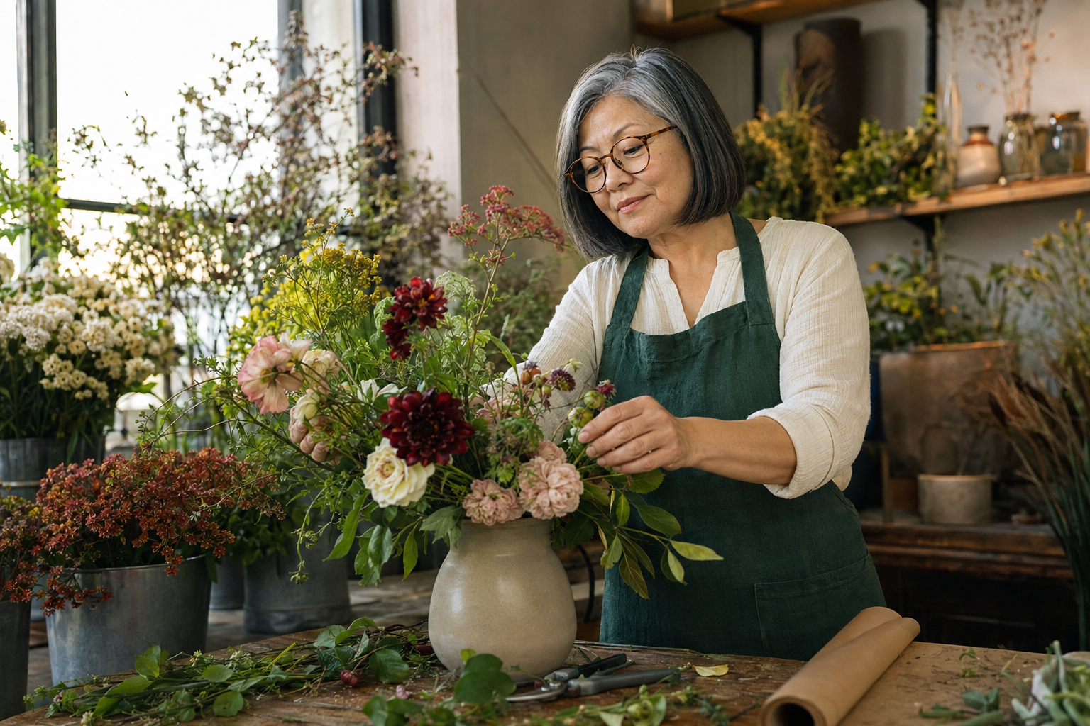 A local pottery studio owner creating at her worktable