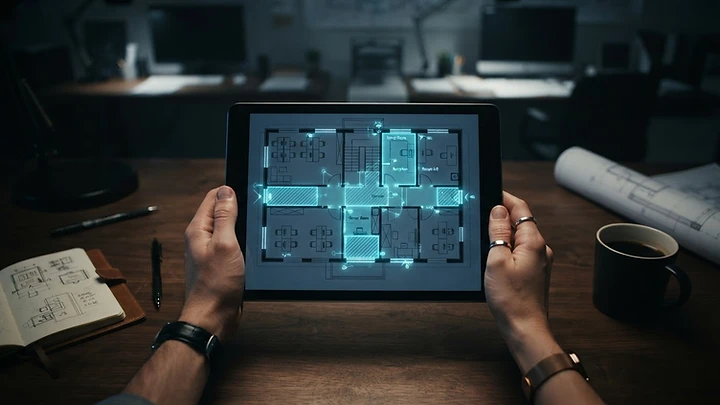 Hände halten ein Tablet mit Grundriss und markierten Sicherheitszonen