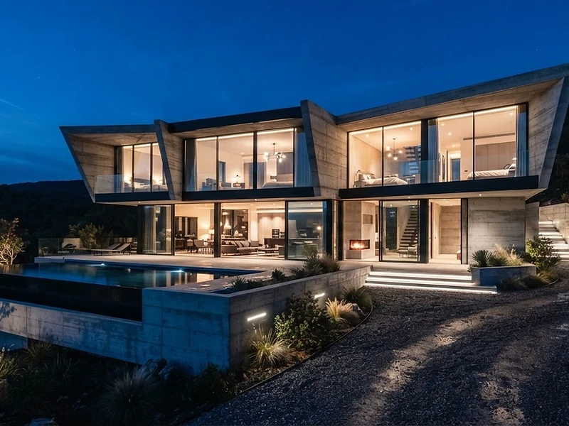 Moderne Villa aus Beton und Glas zur blauen Stunde
