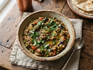 Baingan Bharta roasted eggplant dish served at X On Earth
