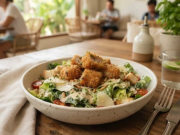 Crispy Tuna Caesar Salad served in ceramic tableware