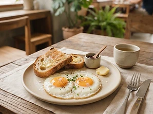 Eggs and Bread served in ceramic tableware