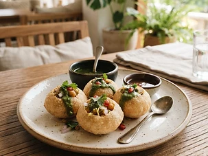 陶瓷餐具中的印度脆球(Pani Puri)4颗