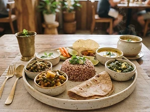 Vegetarian Thali Set served in ceramic tableware