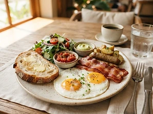 American Breakfast served in ceramic tableware