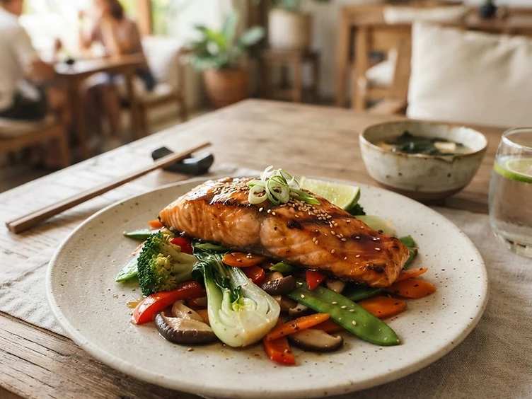 Salmon Teriyaki Steak served in ceramic tableware