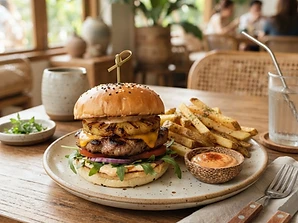 Grilled Pineapple and Pork Burger served in ceramic tableware