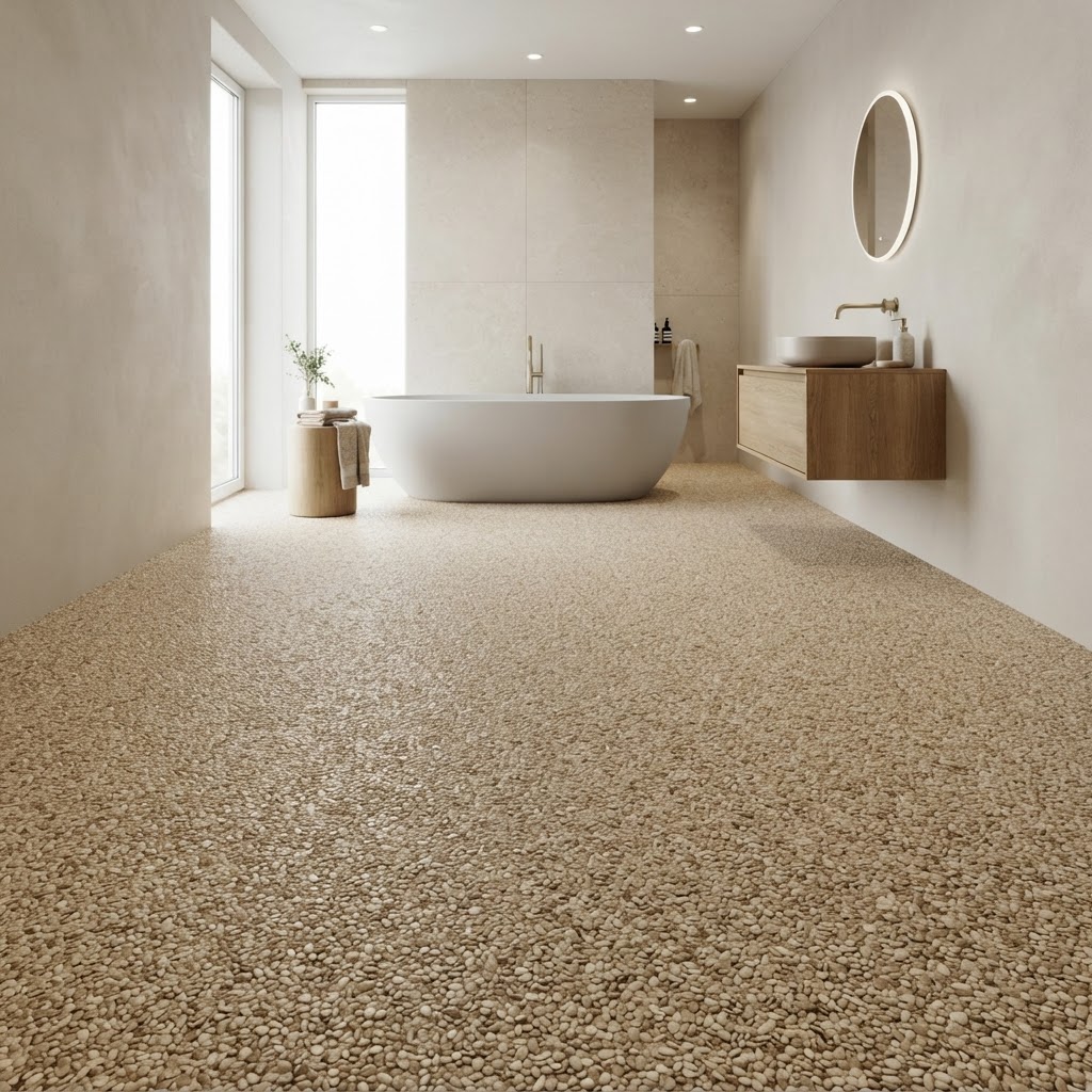 Gestaltungsbeispiel bad – Steinteppich in Beige (Botticino)