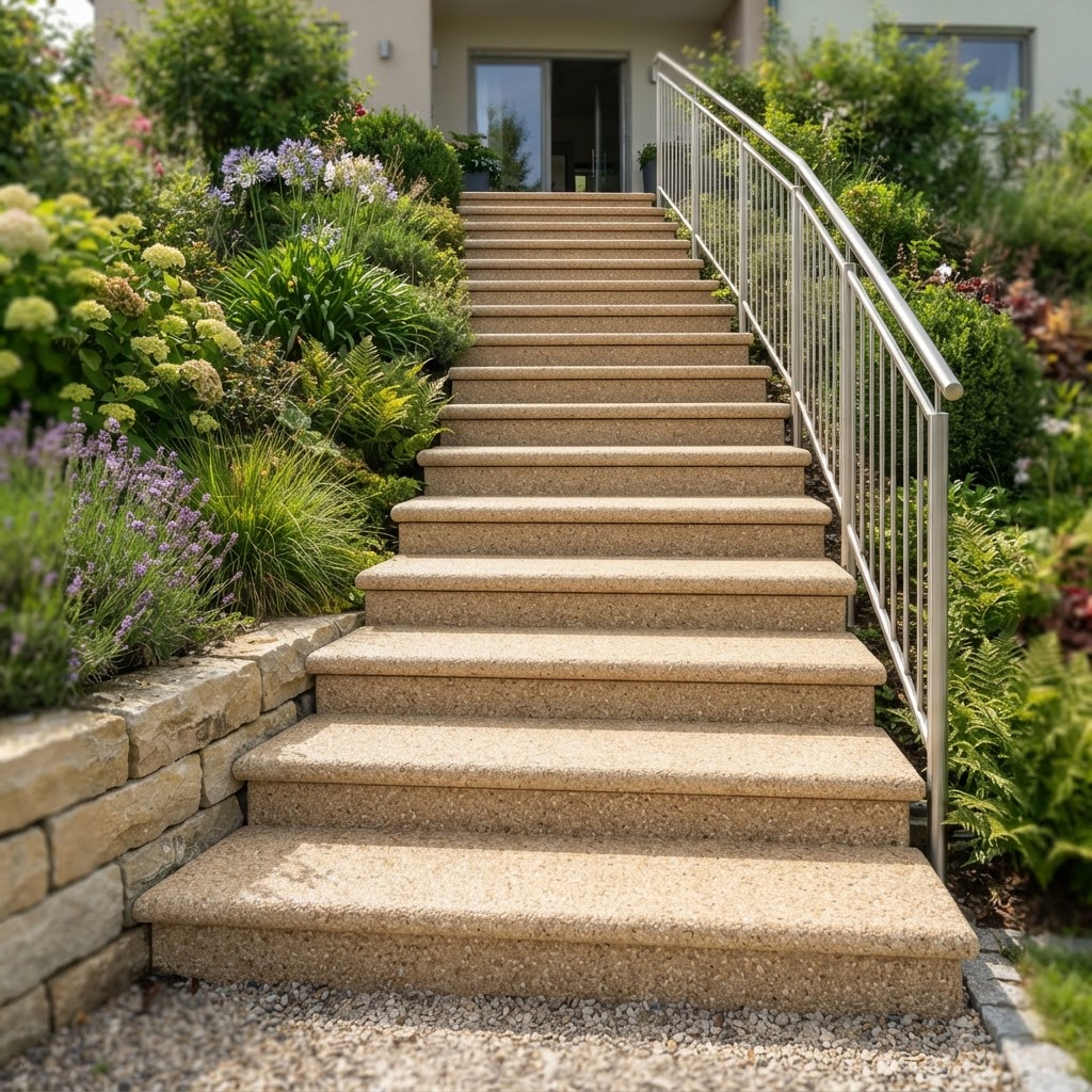 Gestaltungsbeispiel aussentreppe – Steinteppich in Beige (Botticino)