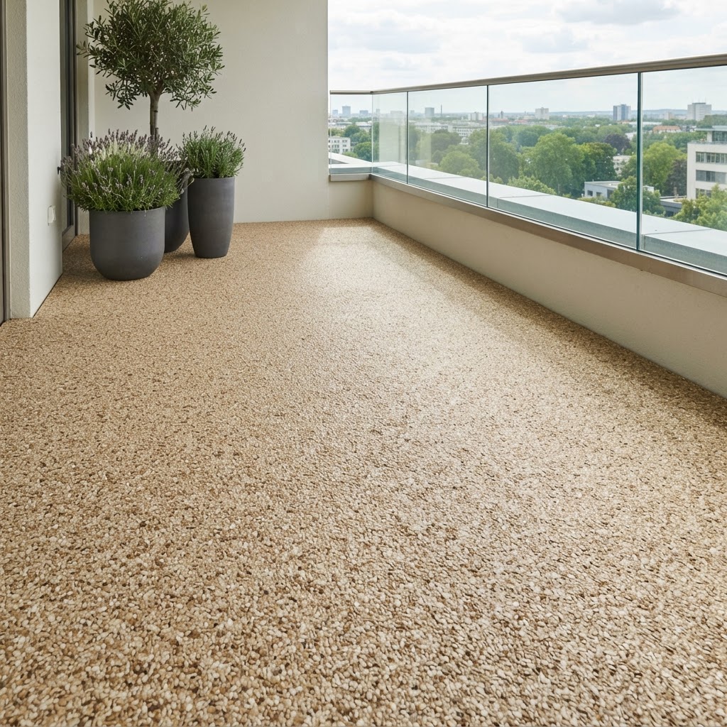 Gestaltungsbeispiel balkon – Steinteppich in Beige (Botticino)