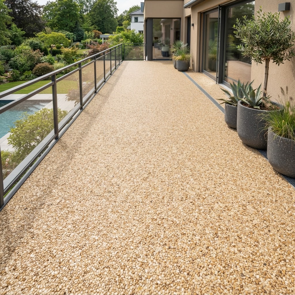 Gestaltungsbeispiel terrasse – Steinteppich in Beige (Botticino)