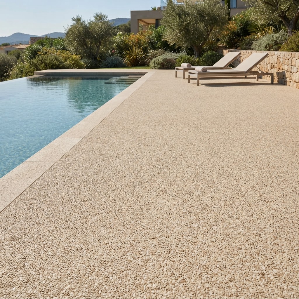 Gestaltungsbeispiel poolumgang – Steinteppich in Beige (Botticino)