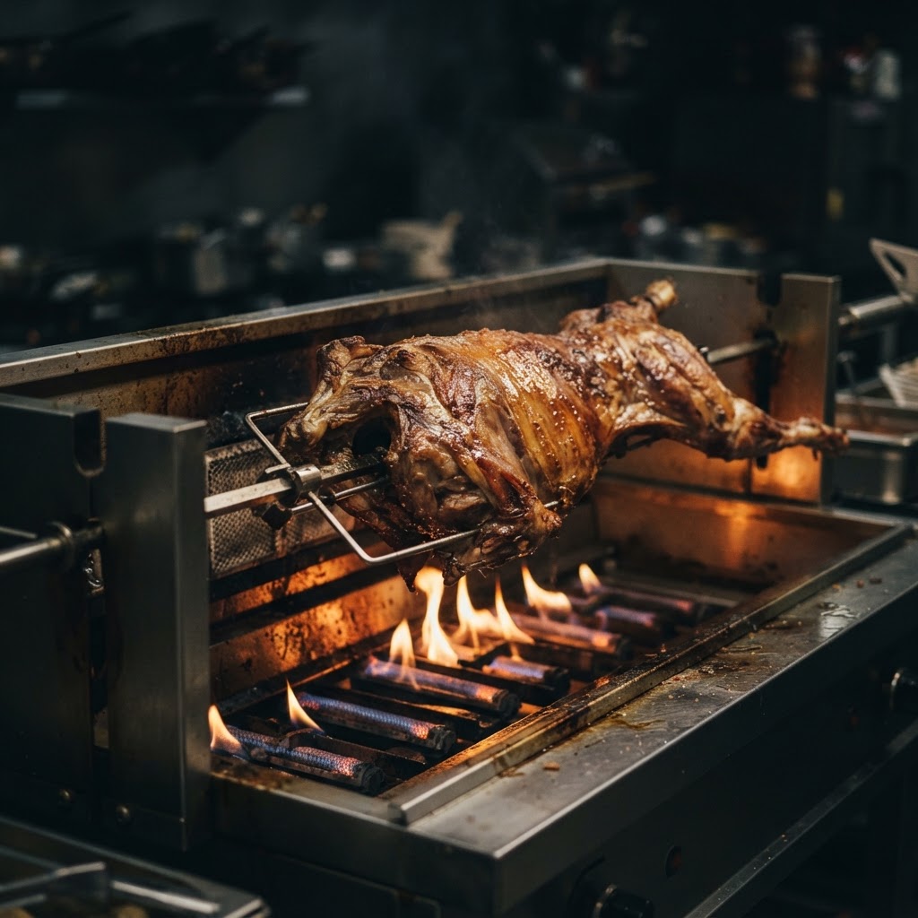 Slow-roasted lamb on the spit over glowing coals